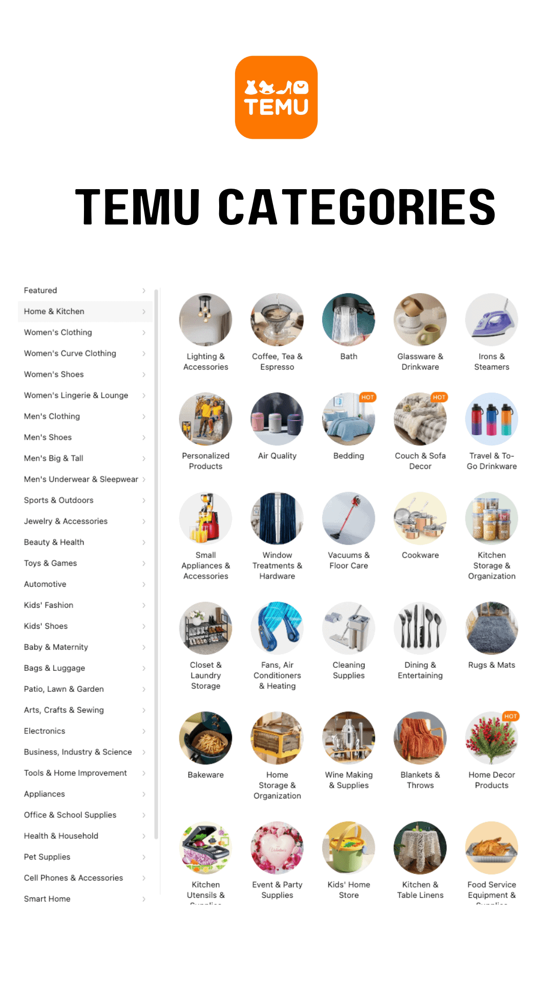 Temu Shop Categories