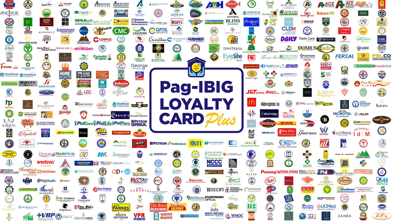 Pag-IBIG Loyalty Card Plus partner logos, hundreds of hospitals, hotels, restaurants, and retailers nationwide
