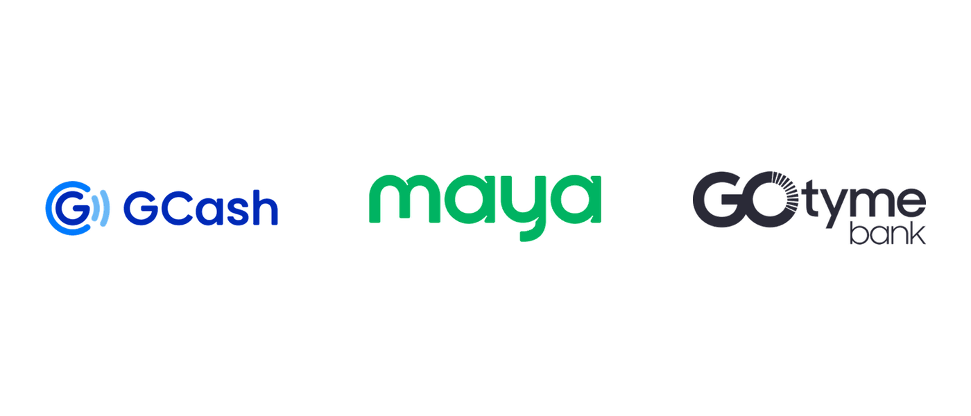 GCash, Maya, and GoTyme Bank logos