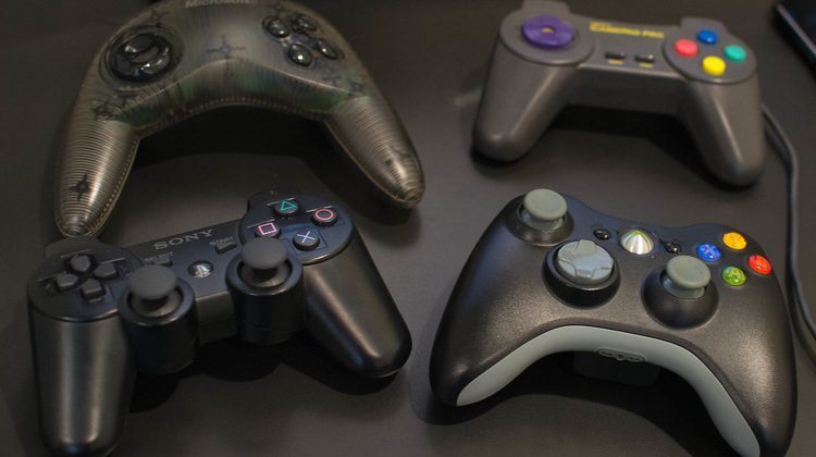 Game controllers on a desk