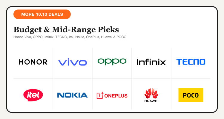 More 10.10 Sale phone brands: Honor, Vivo, OPPO, Infinix, TECNO, itel, Nokia, OnePlus, Huawei, and POCO