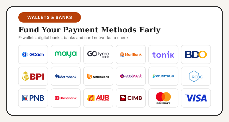 Logos of GCash, Maya, GoTyme, MariBank, Tonik, BDO, BPI, Metrobank, UnionBank, Mastercard and Visa to fund before 11.11
