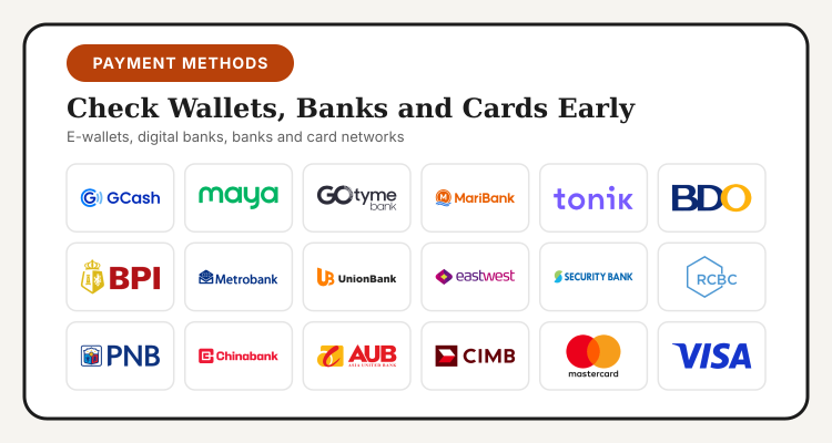 Logos of GCash, Maya, GoTyme, MariBank, Tonik, BDO, BPI, Metrobank, UnionBank, EastWest, Security Bank, RCBC, PNB, Chinabank, AUB, CIMB, Mastercard and Visa
