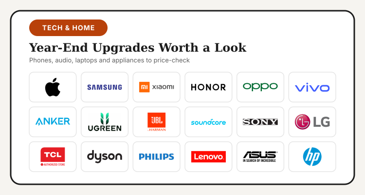 Logos of Apple, Samsung, Xiaomi, HONOR, OPPO, vivo, Anker, UGREEN, JBL, Soundcore, Sony, LG, TCL, Dyson, Philips, Lenovo, ASUS and HP