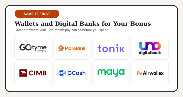 Logos of GoTyme, MariBank, Tonik, UNO Digital Bank, CIMB, GCash, Maya and Airwallex