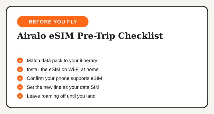 Pre-trip checklist for installing an Airalo eSIM before departure