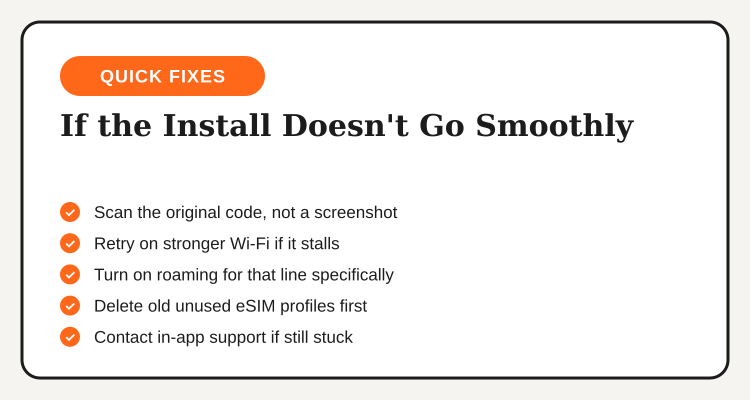 Quick fixes checklist for a stalled or failed Airalo eSIM install