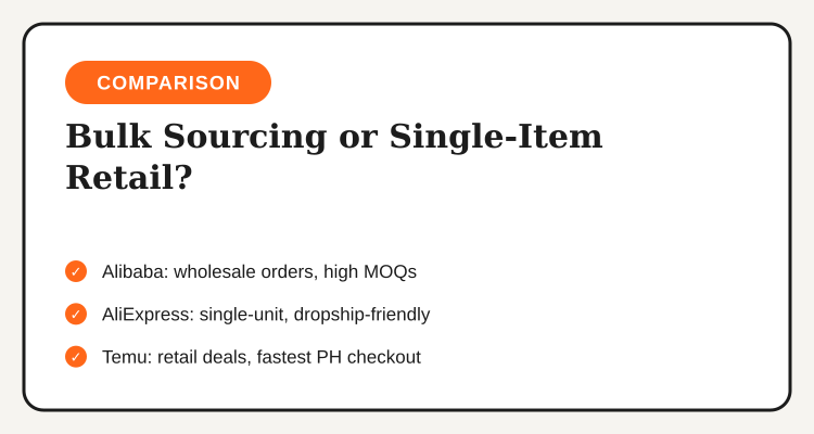 Alibaba vs AliExpress vs Temu comparison for bulk sourcing or single-item retail