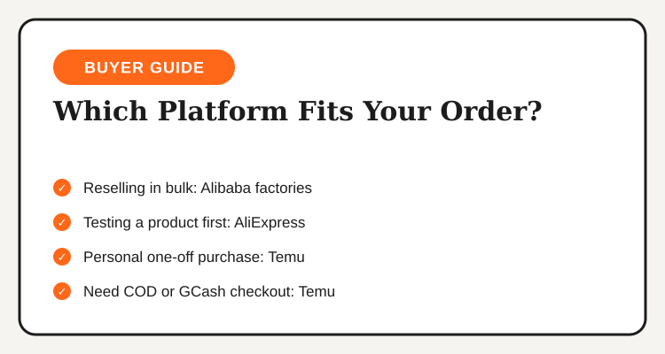 Which platform fits your order: bulk reselling, product testing, or a single retail purchase