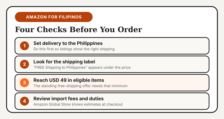 Four checks before ordering from Amazon in the Philippines: set delivery, look for the shipping label, reach USD 49, review import fees