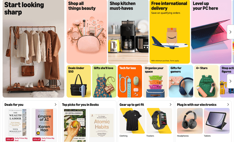Amazon homepage with free international delivery banner