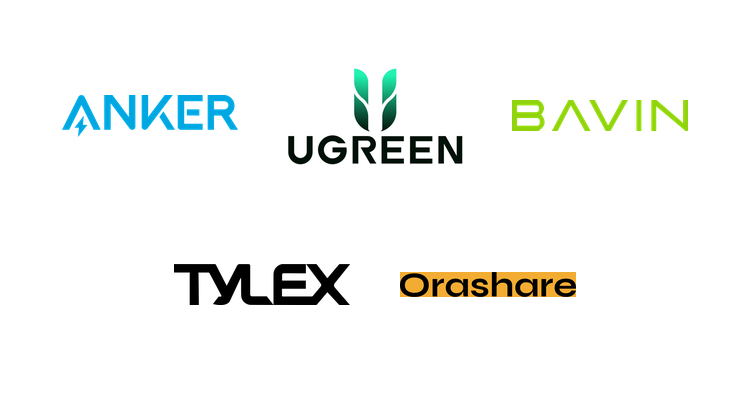 Anker, UGREEN, Bavin, Tylex, and Orashare logos