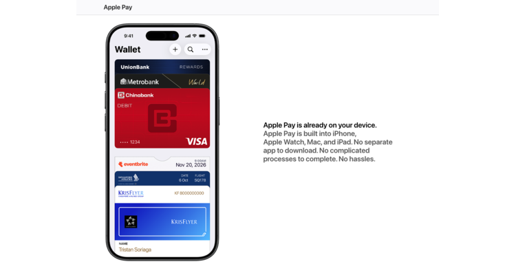 Apple Wallet showing UnionBank, Metrobank, and China Bank cards added to Apple Pay