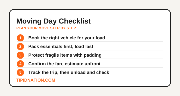 Moving day checklist: book the right vehicle, pack essentials first, protect fragile items, confirm the fare upfront, track and unload