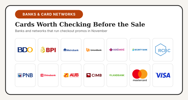 Logos of BDO, BPI, Metrobank, UnionBank, EastWest, Security Bank, RCBC, PNB, Chinabank, AUB, CIMB, Landbank, Mastercard and Visa