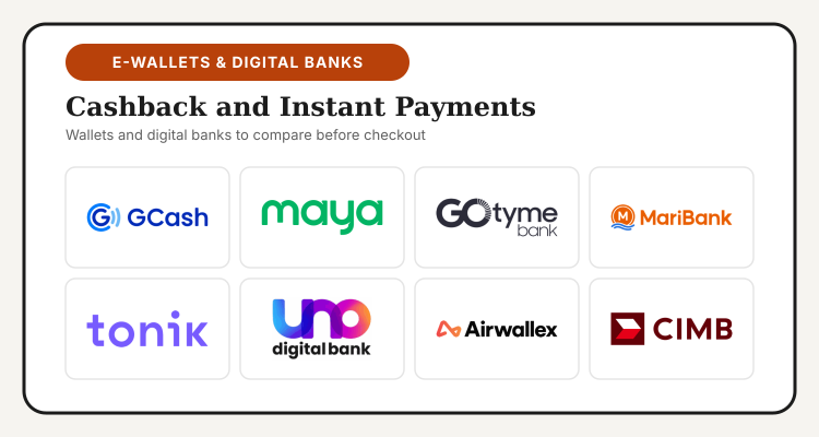 Logos of GCash, Maya, GoTyme, MariBank, Tonik, UNO Digital Bank, Airwallex and CIMB