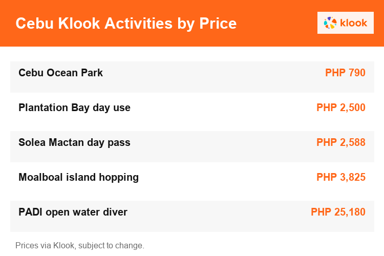 Cebu Klook activities ranked by price, from Ocean Park to PADI diving certification