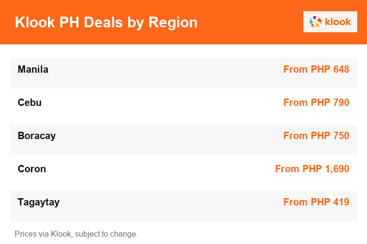 Klook Philippines starting prices by region: Manila, Cebu, Boracay, Coron, Tagaytay