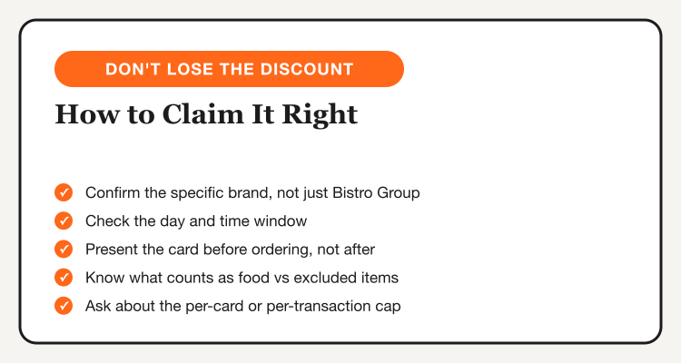 How to claim a Bistro Group credit card discount: confirm the brand, check the time window, present the card before ordering, know what counts as food, ask about the group cap