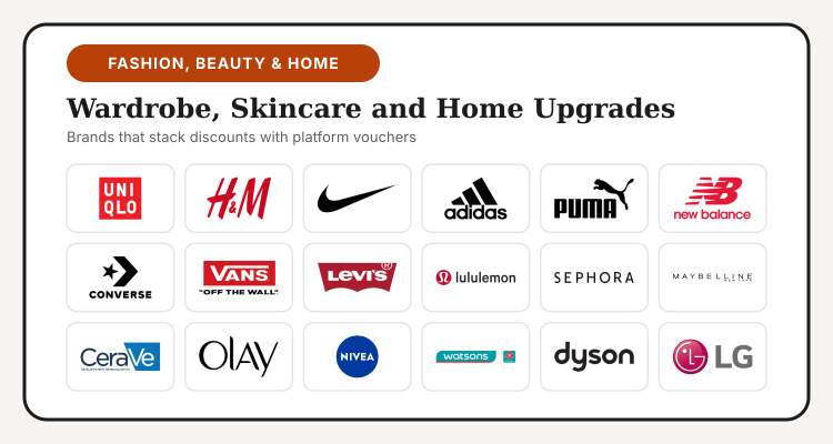 Logos of UNIQLO, H&M, Nike, adidas, PUMA, New Balance, Sephora, Maybelline, CeraVe, Dyson and LG for Black Friday Philippines 2026