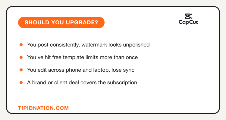 Should you upgrade to CapCut Pro checklist: consistent posting, hitting template limits, editing across devices, brand deal covering the cost