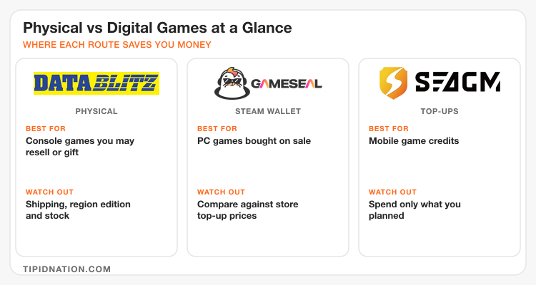 Physical games, Steam Wallet and mobile top-ups compared by best use and what to watch out for