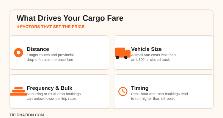 Four factors that drive an MSME cargo fare: distance, vehicle size, frequency and bulk booking, and timing