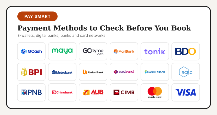 Logos of GCash, Maya, GoTyme, MariBank, Tonik, BDO, BPI, Metrobank, UnionBank, EastWest, Security Bank, RCBC, PNB, Chinabank, AUB, CIMB, Mastercard and Visa