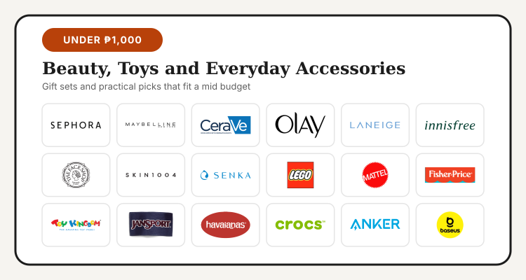 Logos of Sephora, Maybelline, CeraVe, OLAY, Laneige, innisfree, The Face Shop, SKIN1004, Senka, LEGO, Mattel, Fisher-Price, Toy Kingdom, JanSport, Havaianas, Crocs, Anker and Baseus