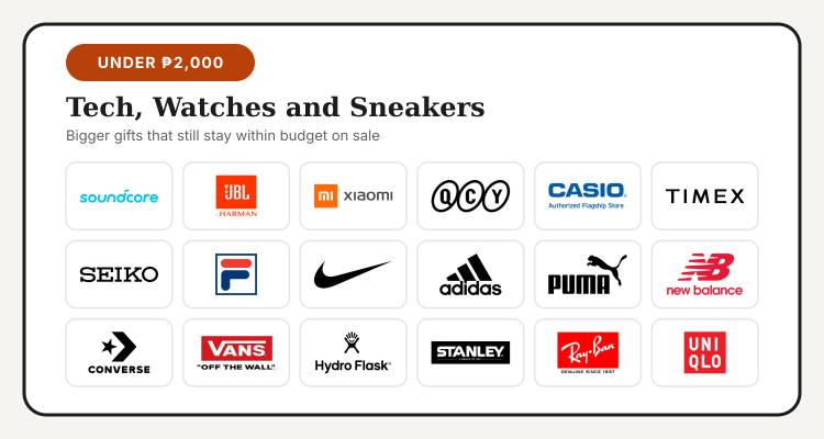 Logos of Soundcore, JBL, Xiaomi, QCY, Casio, Timex, Seiko, FILA, Nike, adidas, PUMA, New Balance, Converse, Vans, Hydro Flask, Stanley, Ray-Ban and UNIQLO
