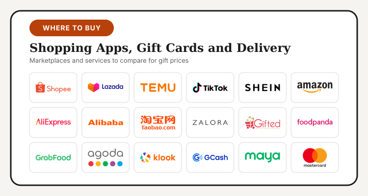 Logos of Shopee, Lazada, Temu, TikTok Shop, SHEIN, Amazon, AliExpress, Alibaba, Taobao, ZALORA, Gifted, foodpanda, GrabFood, Agoda, Klook, GCash, Maya and Mastercard