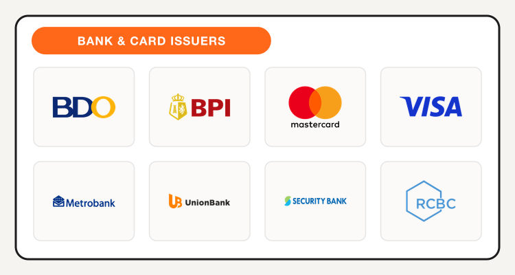 BDO, BPI, Mastercard, Visa, Metrobank, UnionBank, Security Bank, and RCBC logos