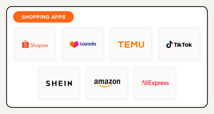 Shopee, Lazada, Temu, TikTok Shop, SHEIN, Amazon, and AliExpress logos