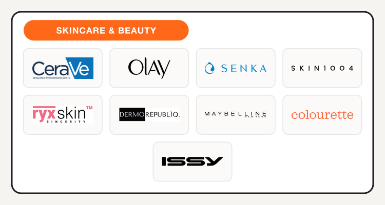 CeraVe, Olay, Senka, SKIN1004, RyxSkin, DermoRepubliq, Maybelline, Colourette, and ISSY logos