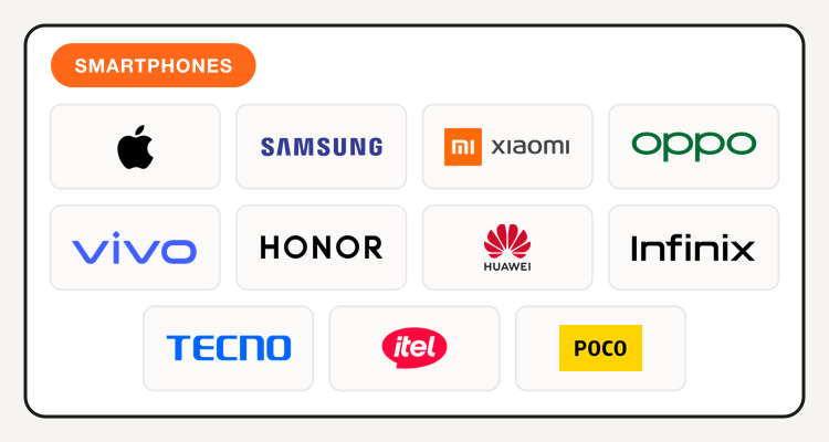 Apple, Samsung, Xiaomi, OPPO, vivo, Honor, Huawei, Infinix, TECNO, itel, and POCO logos