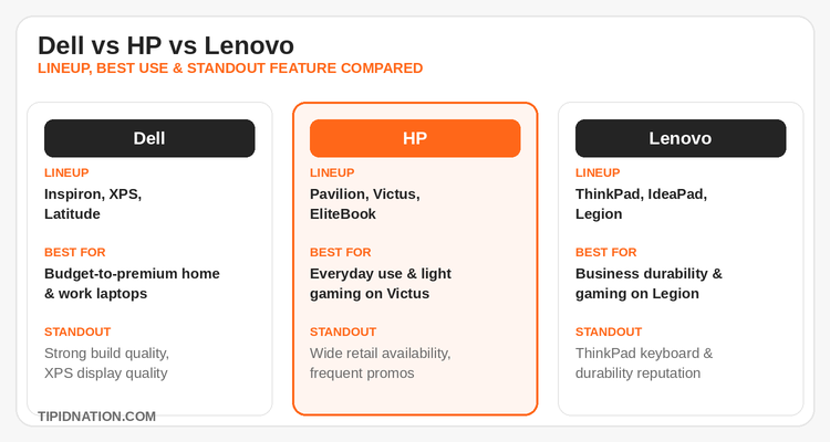 Dell vs HP vs Lenovo lineup, best use, and standout feature comparison
