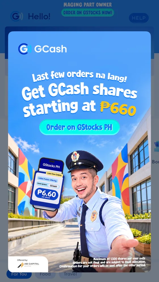 GCash app banner: get GCash shares starting at ₱660, order on GStocks PH