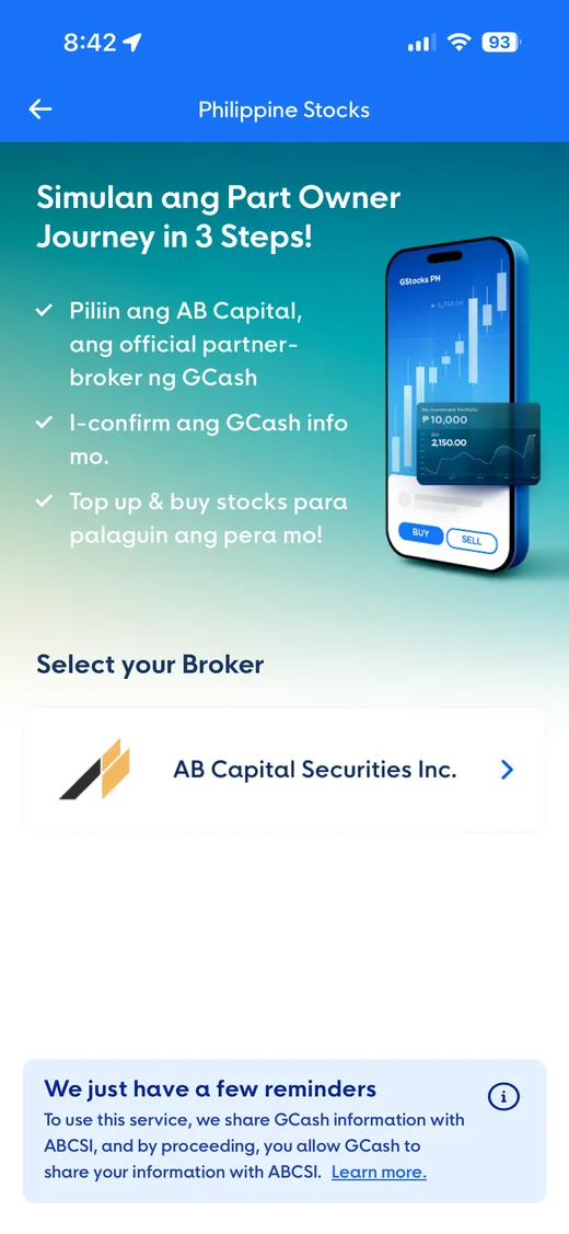 GStocks PH screen in the GCash app showing AB Capital Securities Inc. as the broker
