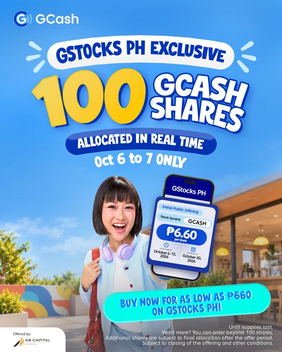 GStocks PH exclusive 100 GCash shares allocated in real time, October 6 to 7, ₱6.60 per share