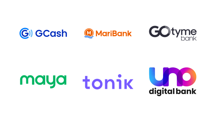 GCash, MariBank, GoTyme, Maya, Tonik, and UNO Digital Bank logos