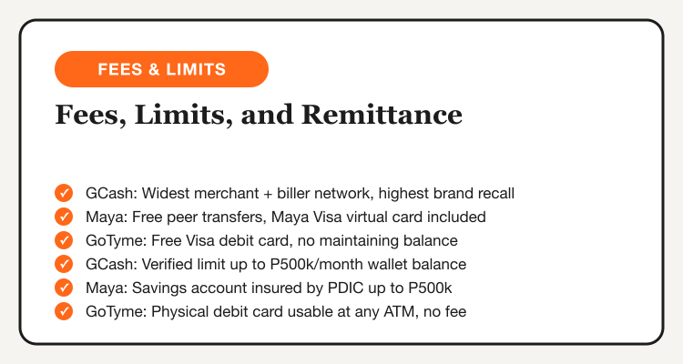 GCash vs Maya vs GoTyme fees, limits, and remittance features