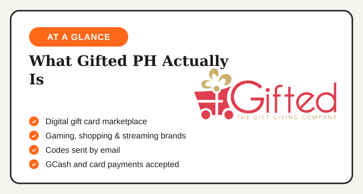 Gifted PH overview: digital gift card marketplace covering gaming, shopping and streaming, paid via GCash or card