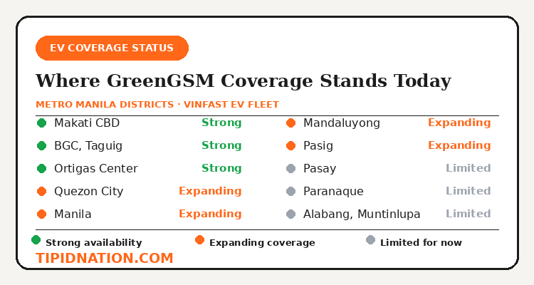 GreenGSM coverage status by Metro Manila district: strong, expanding, and limited availability areas