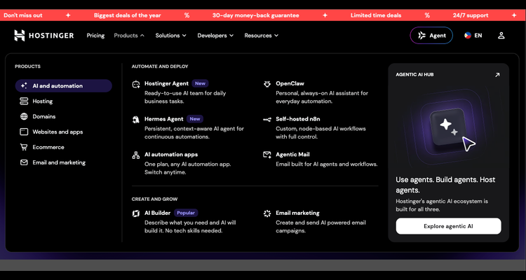 Hostinger Products menu listing AI Builder, Hostinger Agent, Hermes Agent and n8n