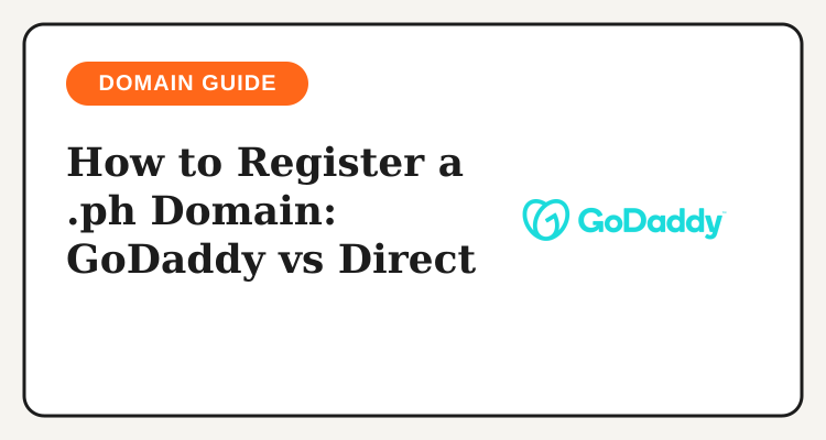 GoDaddy logo on a TipidNation guide card for registering a .ph domain