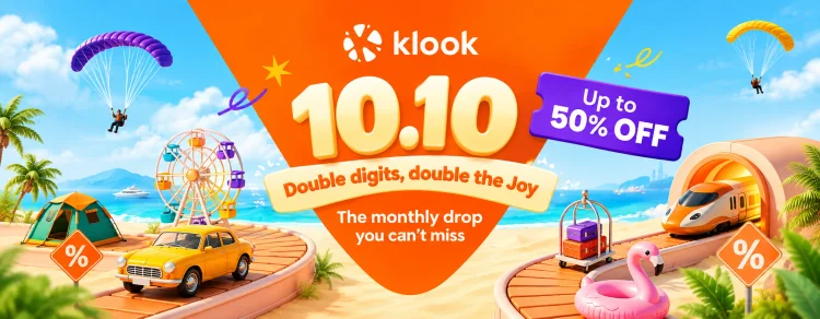 Klook 10.10 Mega Sale Philippines banner: double digits, double the joy, up to 50% off