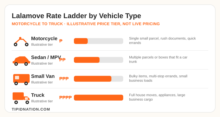 Lalamove rate ladder by vehicle type, from motorcycle to truck, with typical use case per tier