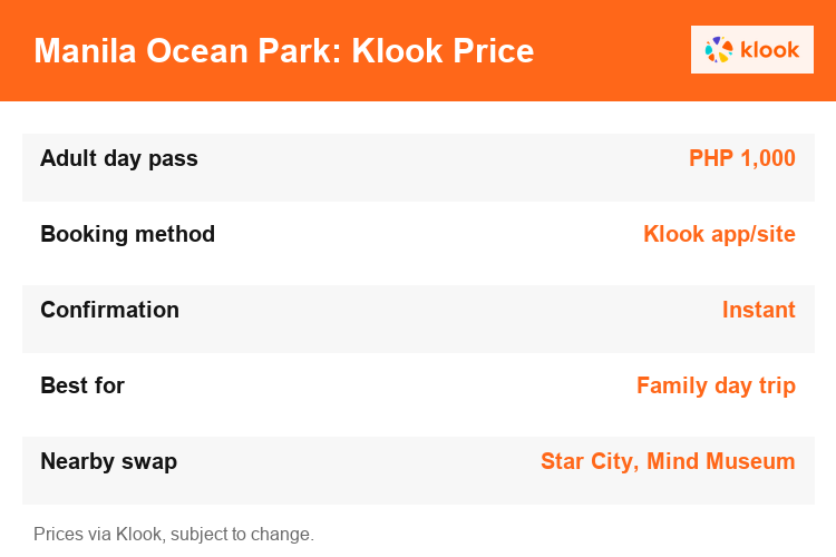 Manila Ocean Park Klook ticket quick facts: price, booking method, confirmation type