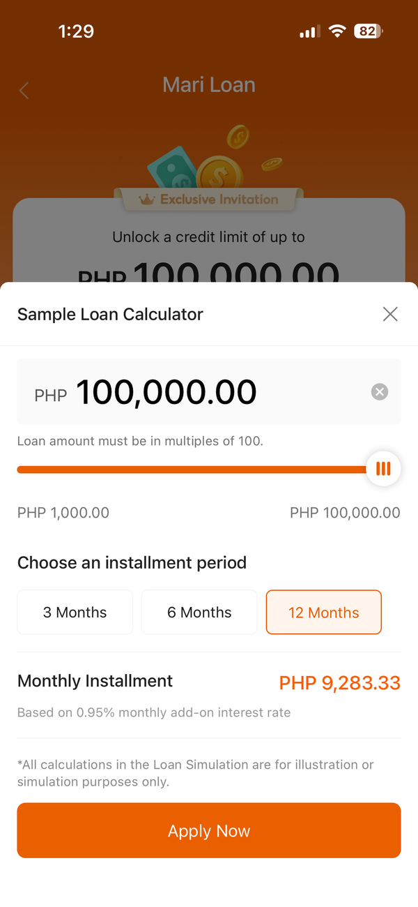 MariBank app's own Sample Loan Calculator showing a ₱100,000 Mari Loan at 12 months and 0.95% monthly add-on rate