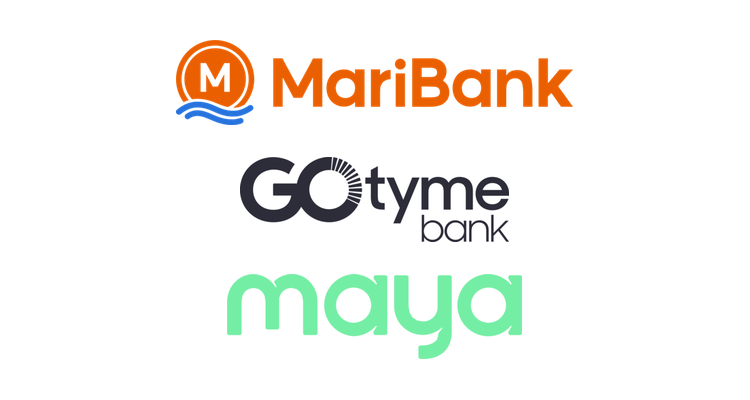 MariBank, GoTyme Bank, and Maya logos